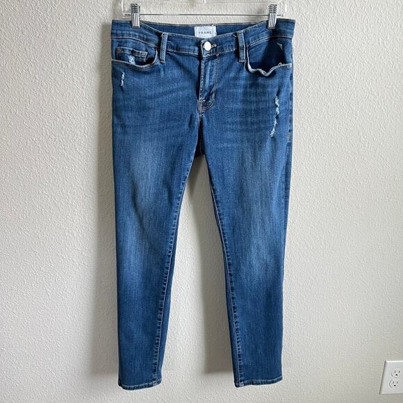 Frame Le Garcon Skinny Mid Rise Jeans Women's 29 Distressed Stretch Medium Wash - Picture 1 of 9